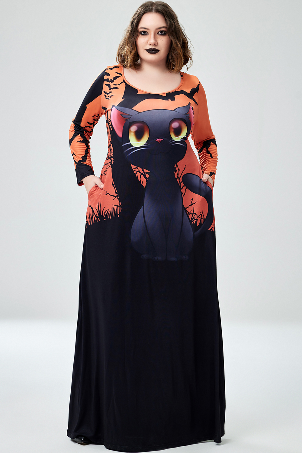 Xpluswear Design Plus Size Halloween Costume Black Cat Print U Neck Long Sleeves Loose Maxi Dress