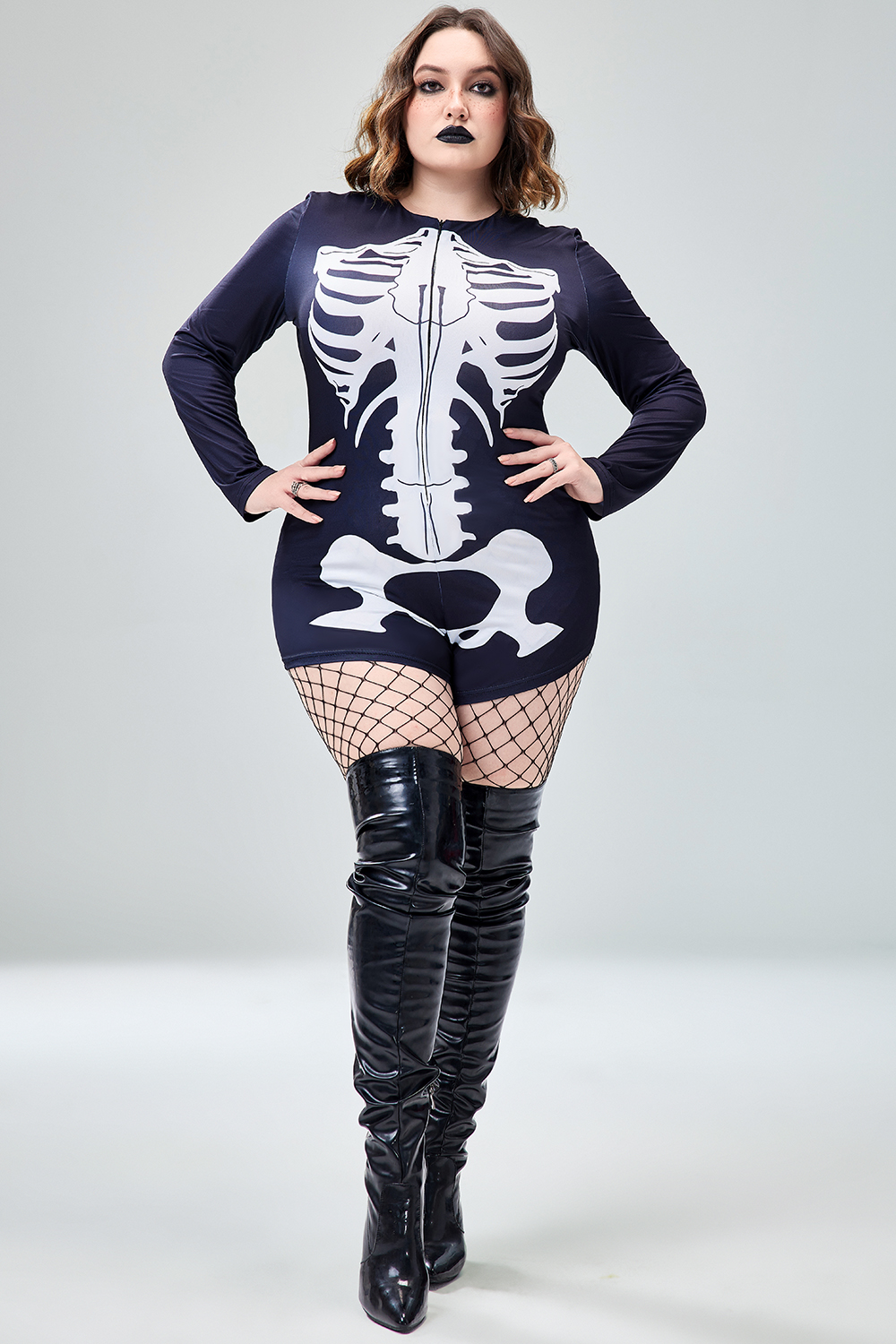 Xpluswear Design Plus Size Halloween Costume Gothic Black Skeleton Print Long Sleeve Knitted Bodysuit