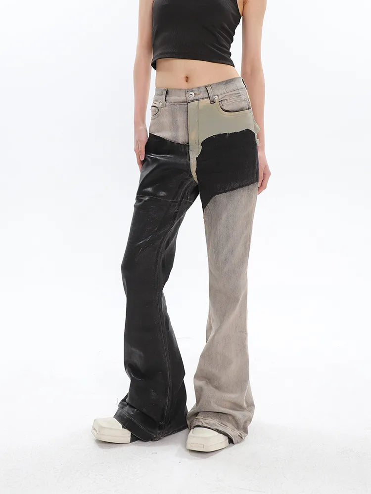 Black and Washed Denim Retro Twist Irregular Jeans