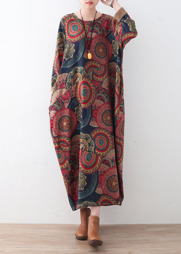 vintage blue red prints sweater dresses plus size clothing sweater casual o neck winter dress