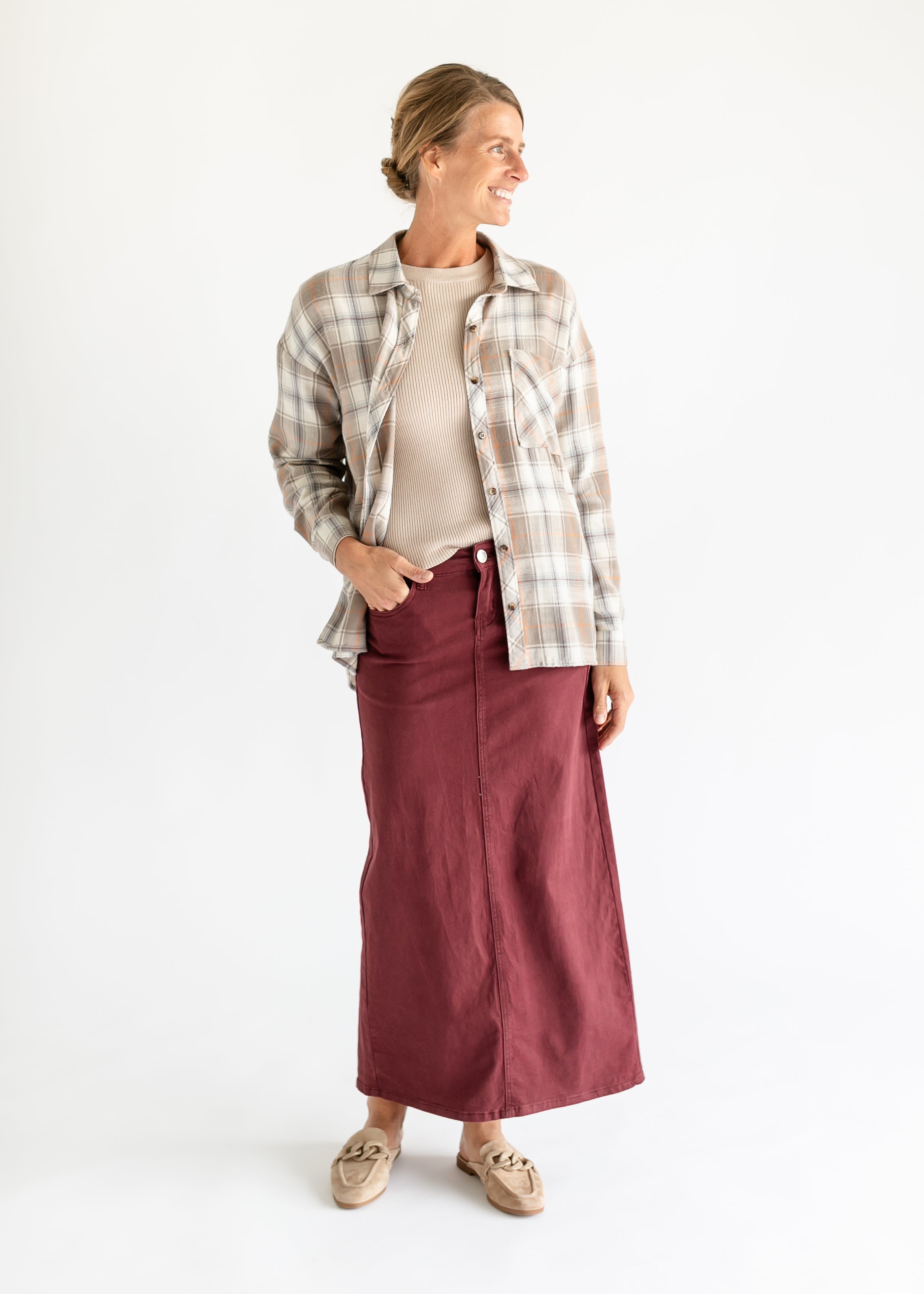 Stella Burgundy Denim Maxi Skirt