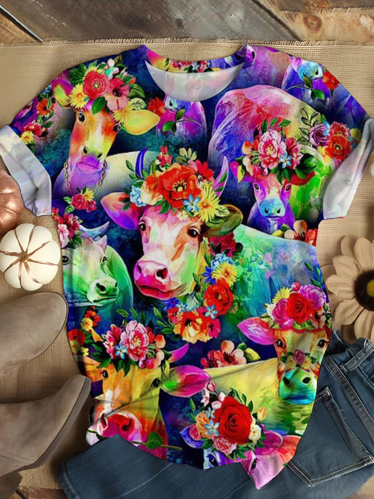 Colorful Cow Flower Crew Neck T-shirt