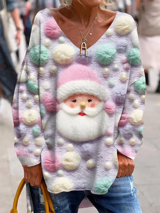 Women's Santa Print French Cashmere V-Neck Top