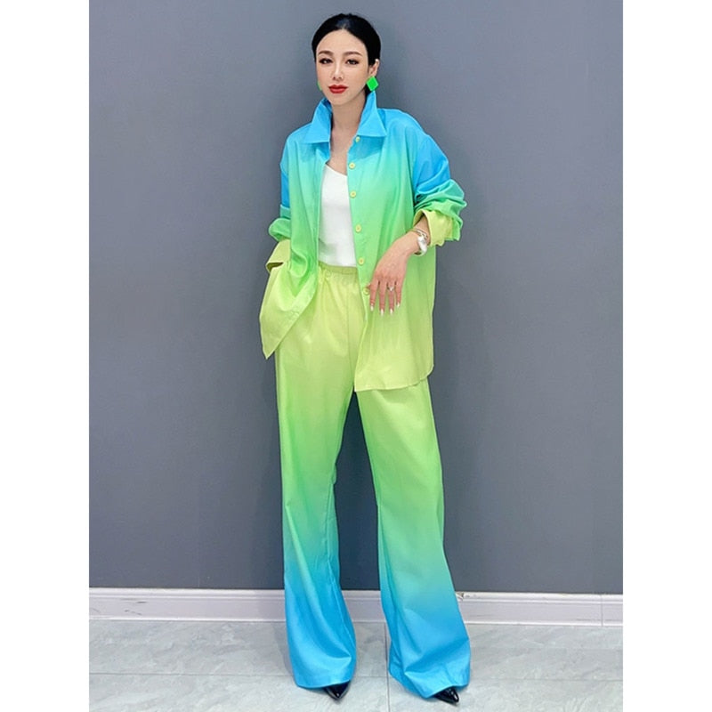 Trendy Fashion Duo Gradient Loose Long Sleeve Top & Pants Set