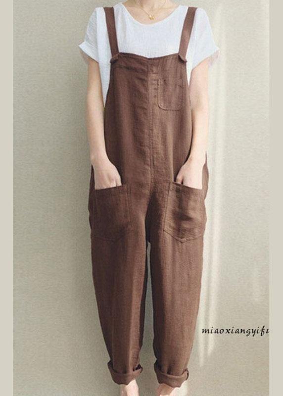 Women Solid Color Cotton Strappy Pocket Loose Harem Jumpsuit