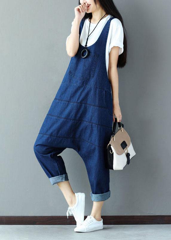 Vintage Blue Pockets wrinkled Harem Fall Cotton Romper